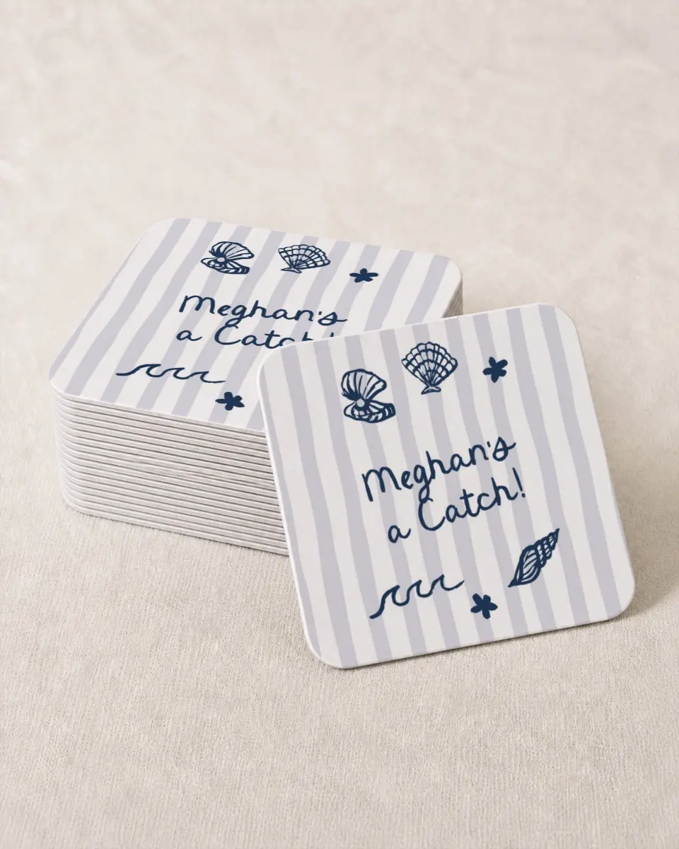 This is a 4" x 4" Bachelorette Party Thank You Card called She's a Catch printed in full color on Kraft Chipboard paper