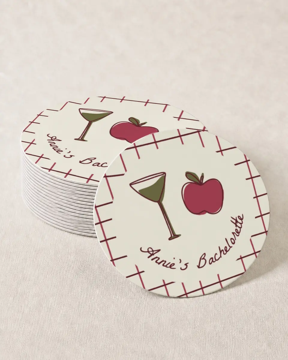This is a 4" x 4" Bachelorette Party Thank You Card called Apple of His Eye printed in full color on Kraft Chipboard paper