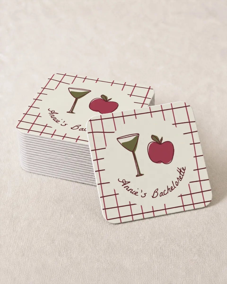 This is a 4" x 4" Bachelorette Party Thank You Card called Apple of His Eye printed in full color on Kraft Chipboard paper