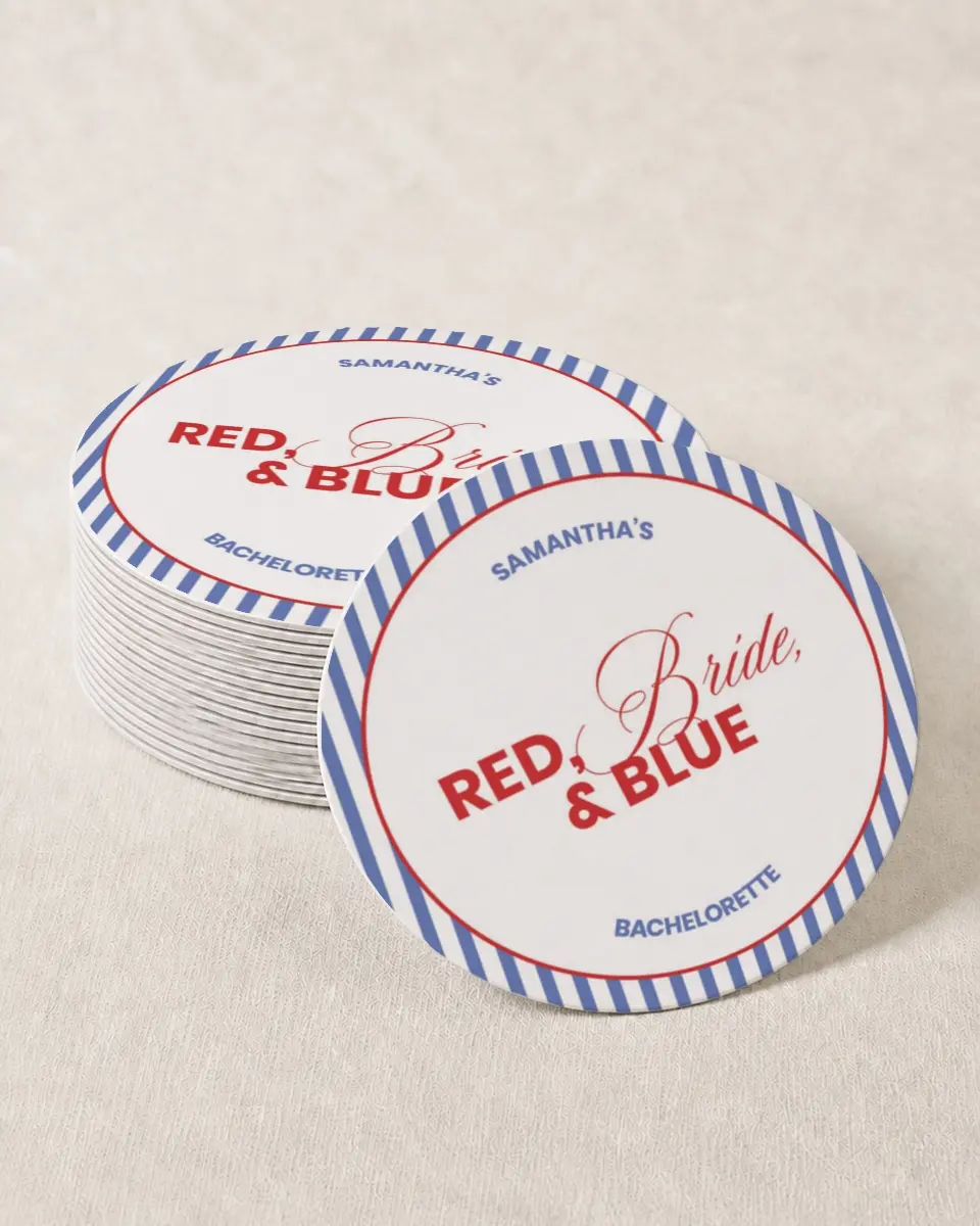 This is a 4" x 4" Bachelorette Party Thank You Card called Red, Bride, and Blue printed in full color on Kraft Chipboard paper