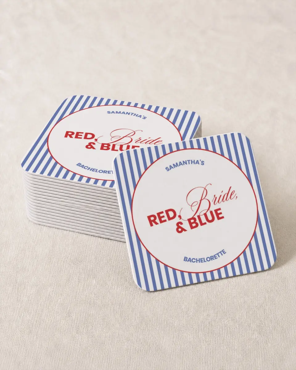 This is a 4" x 4" Bachelorette Party Thank You Card called Red, Bride, and Blue printed in full color on Kraft Chipboard paper