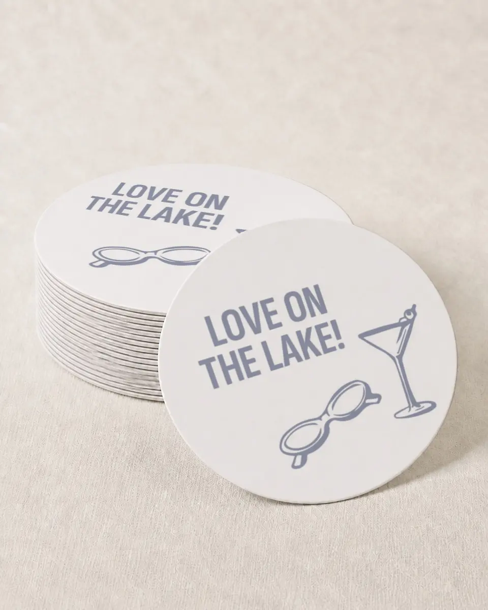 This is a 4" x 4" Bachelorette Party Thank You Card called Love on the Lake printed in full color on Kraft Chipboard paper
