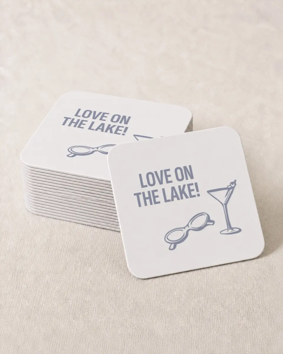 This is a 4" x 4" Bachelorette Party Thank You Card called Love on the Lake printed in full color on Kraft Chipboard paper