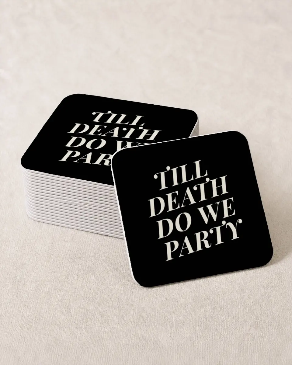 This is a 4" x 4" Bachelorette Party Thank You Card called Bride or Die printed in full color on Kraft Chipboard paper