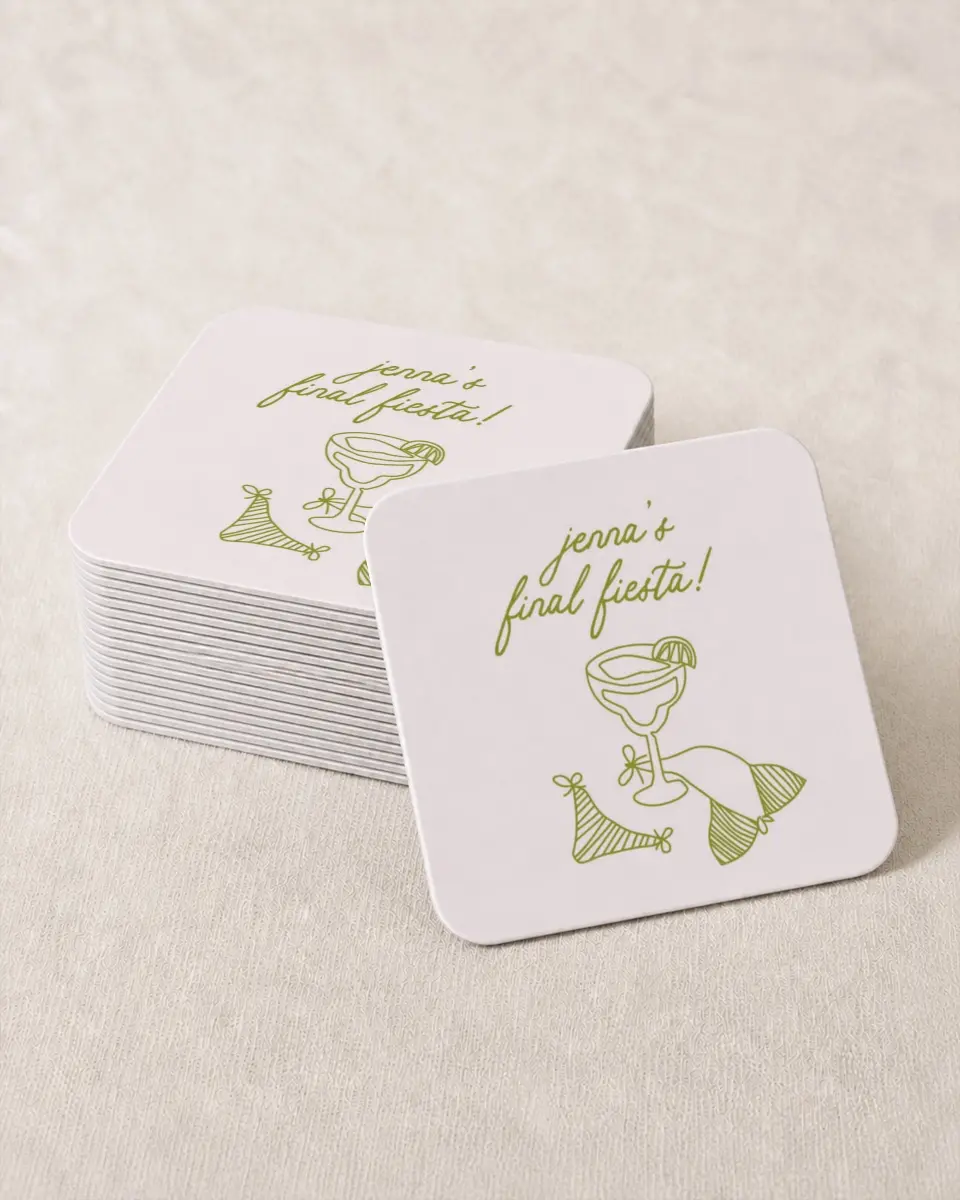 This is a 4" x 4" Bachelorette Party Thank You Card called Bride's Last Fiesta printed in full color on Kraft Chipboard paper