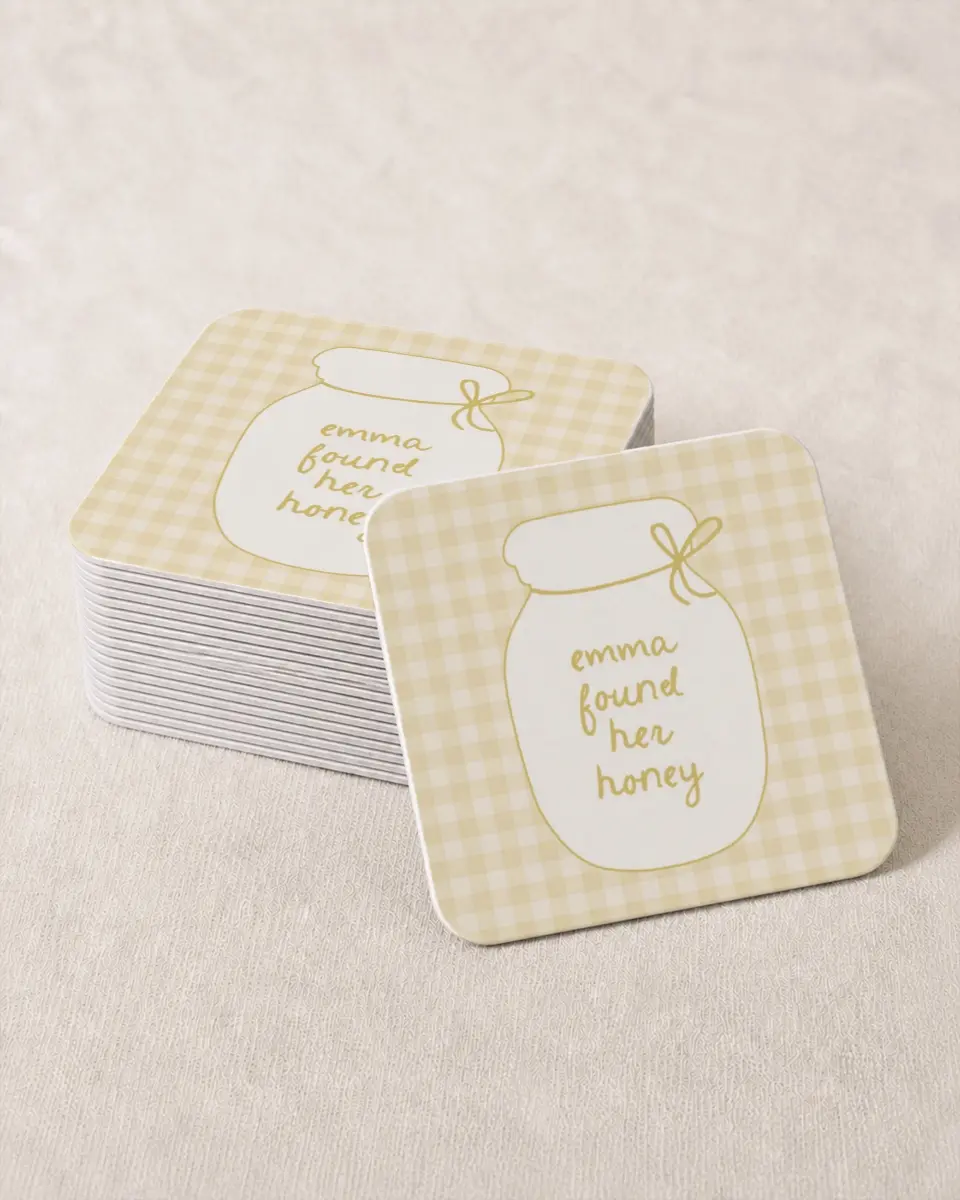 This is a 4" x 4" Bachelorette Party Thank You Card called She Found her Honey printed in full color on Kraft Chipboard paper