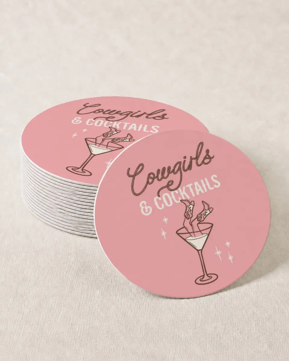 This is a 4" x 4" Bachelorette Party Thank You Card called Cowgirls & Cocktails printed in full color on Kraft Chipboard paper