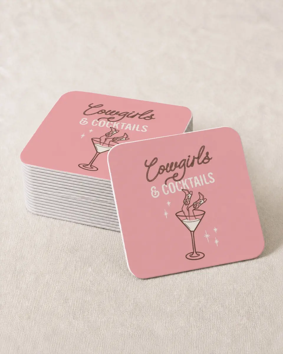 This is a 4" x 4" Bachelorette Party Thank You Card called Cowgirls & Cocktails printed in full color on Kraft Chipboard paper