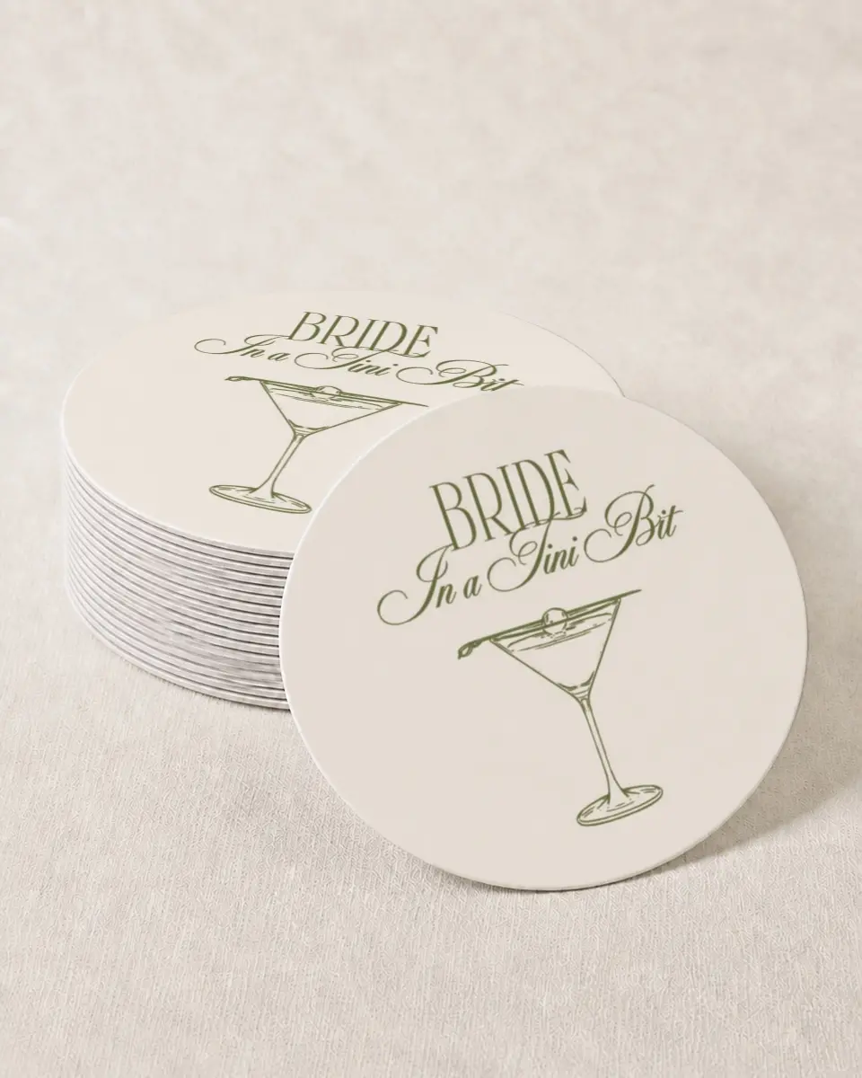 This is a 4" x 4" Bachelorette Party Thank You Card called In a Tini Bit printed in full color on Kraft Chipboard paper