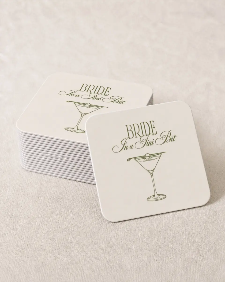 This is a 4" x 4" Bachelorette Party Thank You Card called In a Tini Bit printed in full color on Kraft Chipboard paper
