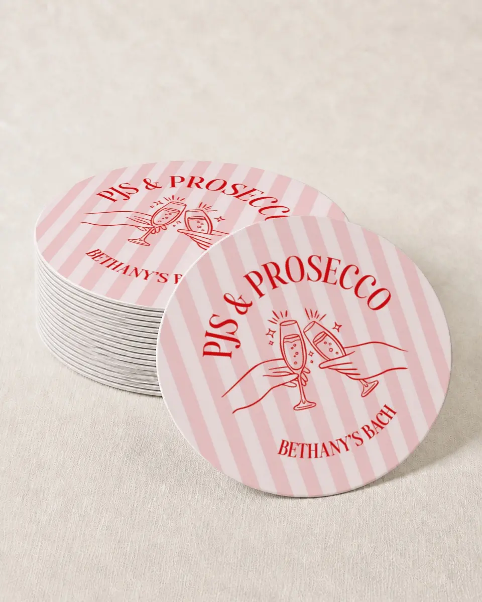 This is a 4" x 4" Bachelorette Party Thank You Card called PJs & Prosecco printed in full color on Kraft Chipboard paper