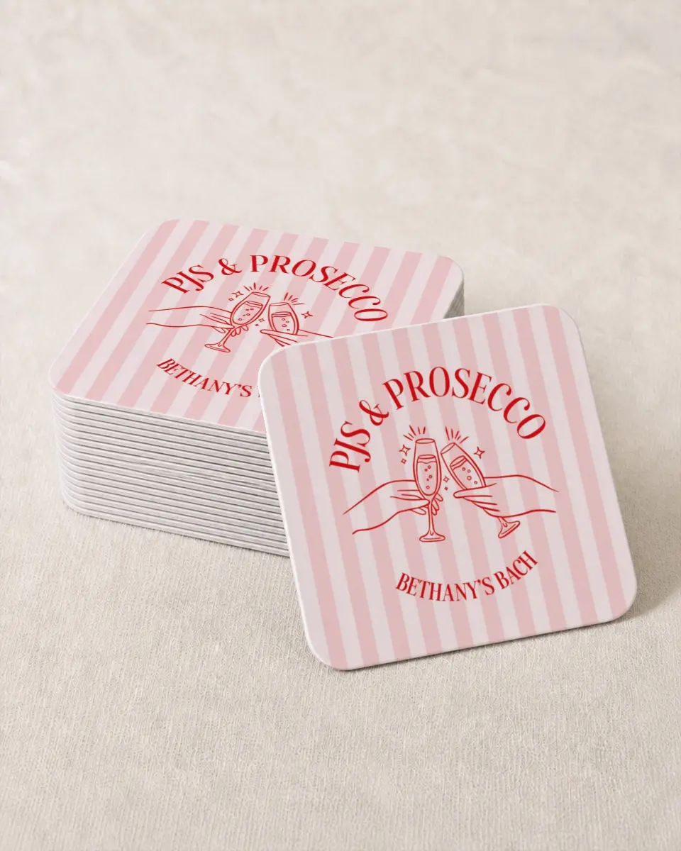 This is a 4" x 4" Bachelorette Party Thank You Card called PJs & Prosecco printed in full color on Kraft Chipboard paper