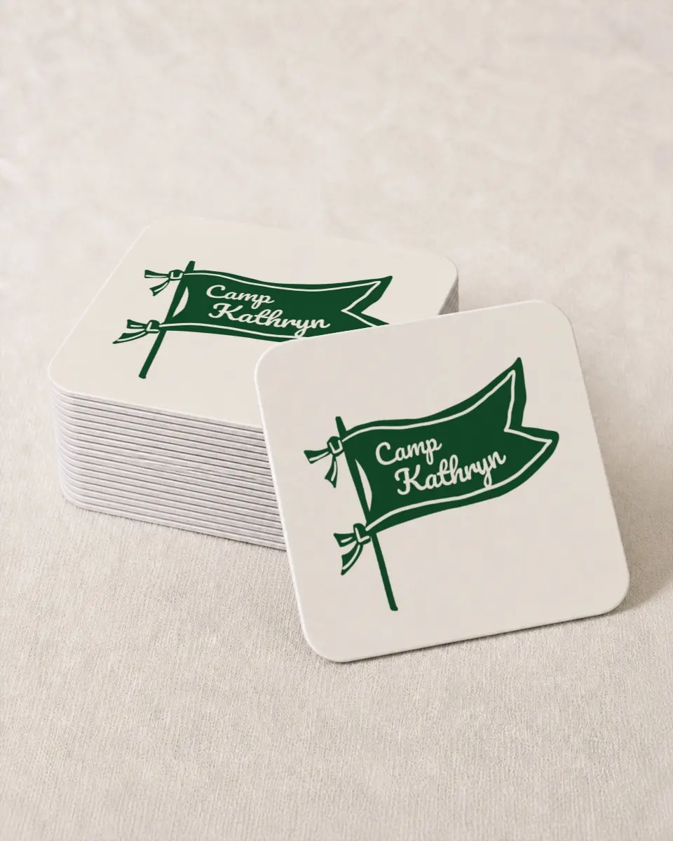 This is a 4" x 4" Bachelorette Party Thank You Card called Camp Bach printed in full color on Kraft Chipboard paper