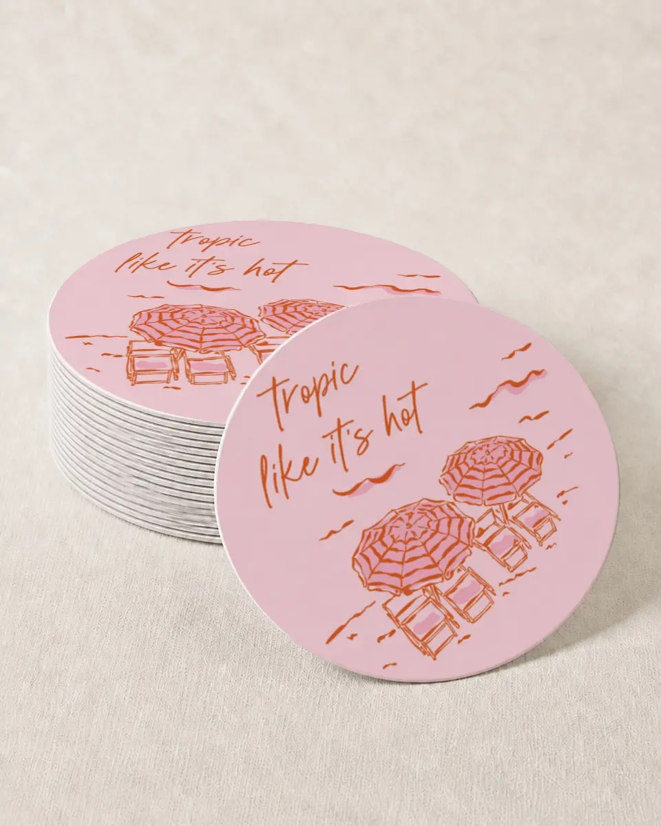 This is a 4" x 4" Bachelorette Party Thank You Card called Tropic Like It's Hot printed in full color on Kraft Chipboard paper