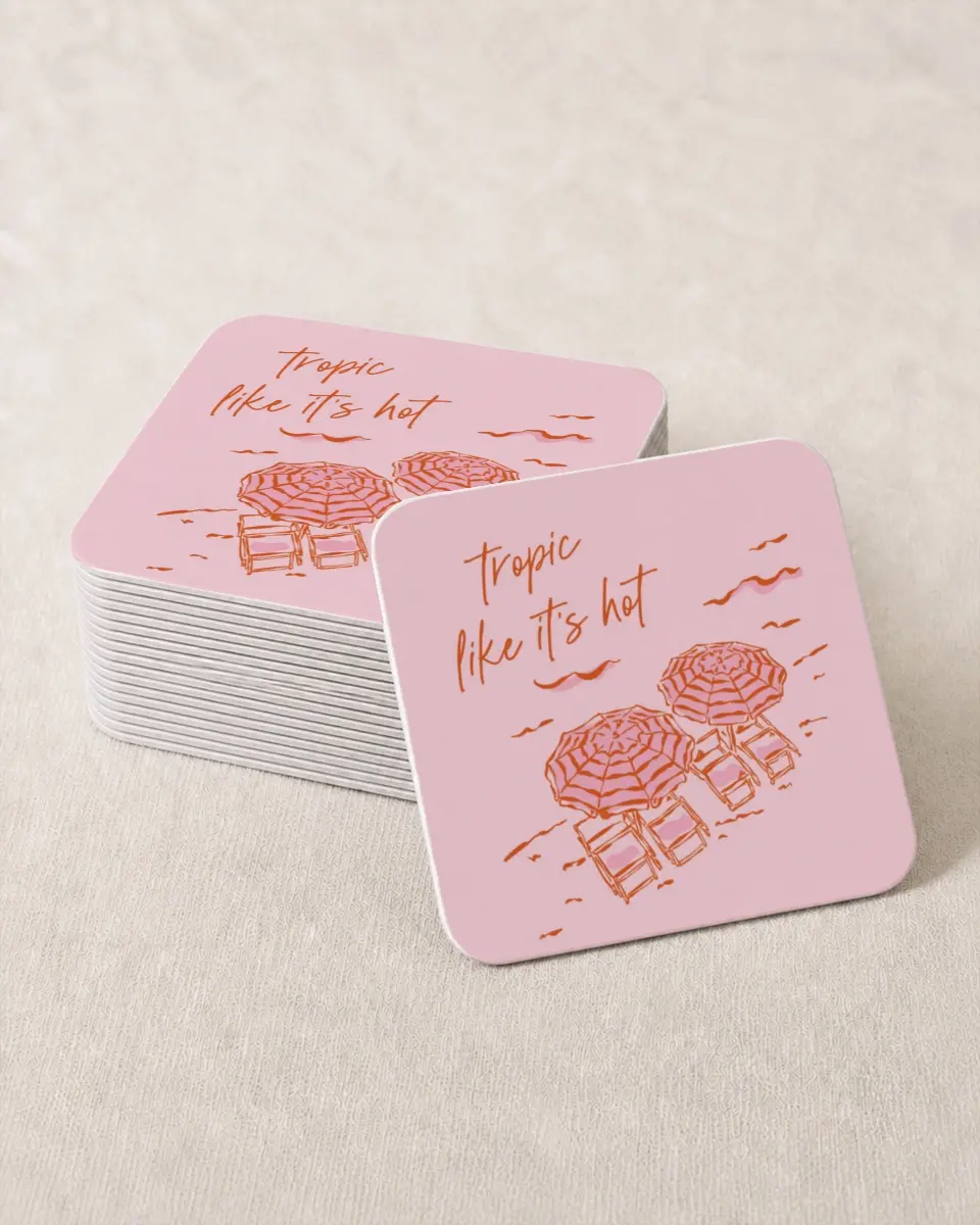 This is a 4" x 4" Bachelorette Party Thank You Card called Tropic Like It's Hot printed in full color on Kraft Chipboard paper