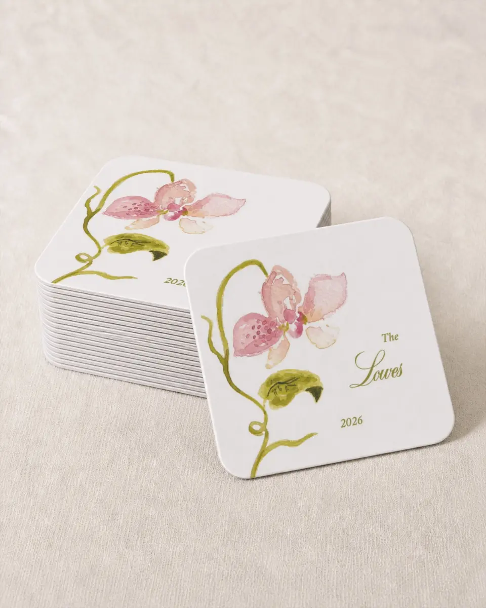 This is a 4" x 4" Wedding Coaster called Paradise in Bloom printed in full color on Kraft Chipboard paper