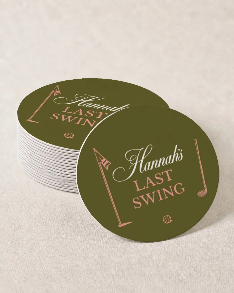 This is a 4" x 4" Bachelorette Party Thank You Card called Last Swing printed in full color on Kraft Chipboard paper