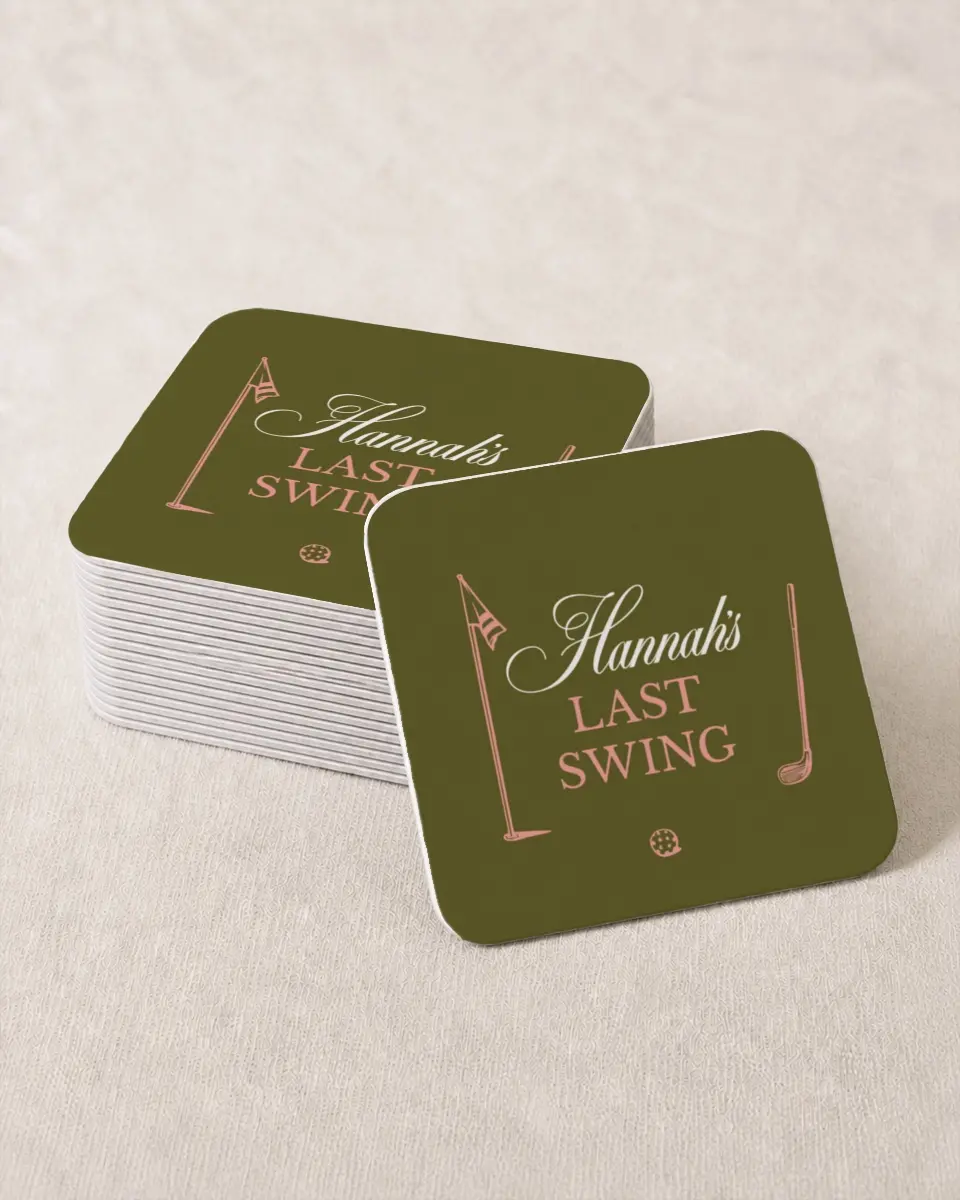 This is a 4" x 4" Bachelorette Party Thank You Card called Last Swing printed in full color on Kraft Chipboard paper