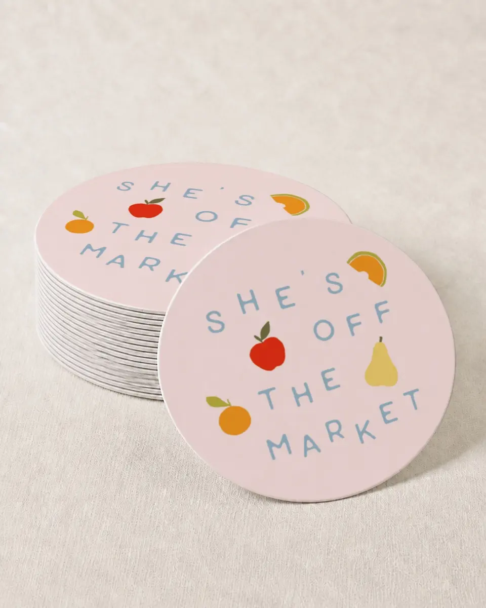 This is a 4" x 4" Bachelorette Party Thank You Card called She's Off the Market printed in full color on Kraft Chipboard paper