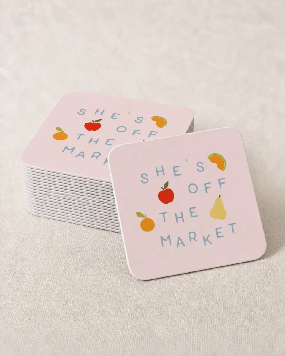 This is a 4" x 4" Bachelorette Party Thank You Card called She's Off the Market printed in full color on Kraft Chipboard paper