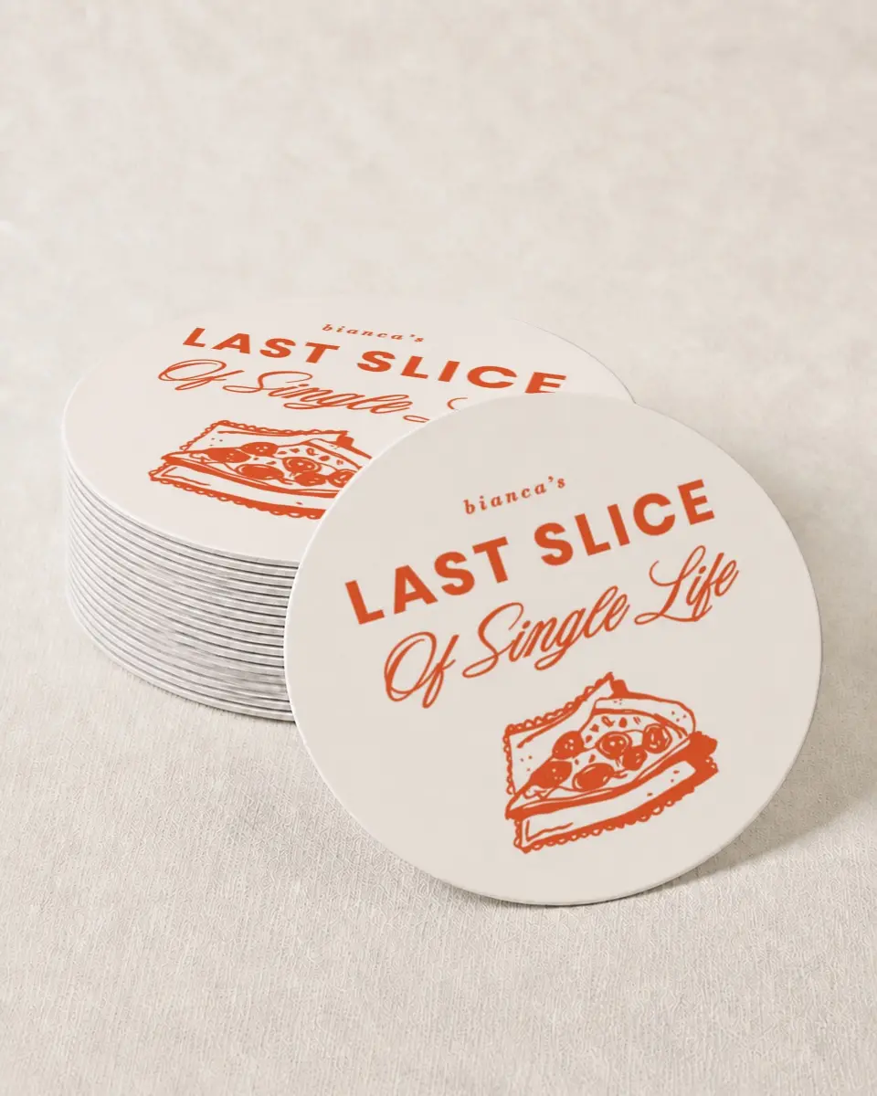 This is a 4" x 4" Bachelorette Party Thank You Card called Last Slice of Single Life printed in full color on Kraft Chipboard paper