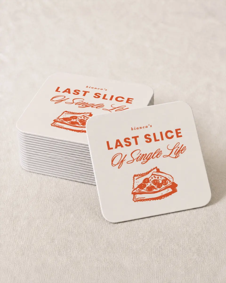 This is a 4" x 4" Bachelorette Party Thank You Card called Last Slice of Single Life printed in full color on Kraft Chipboard paper