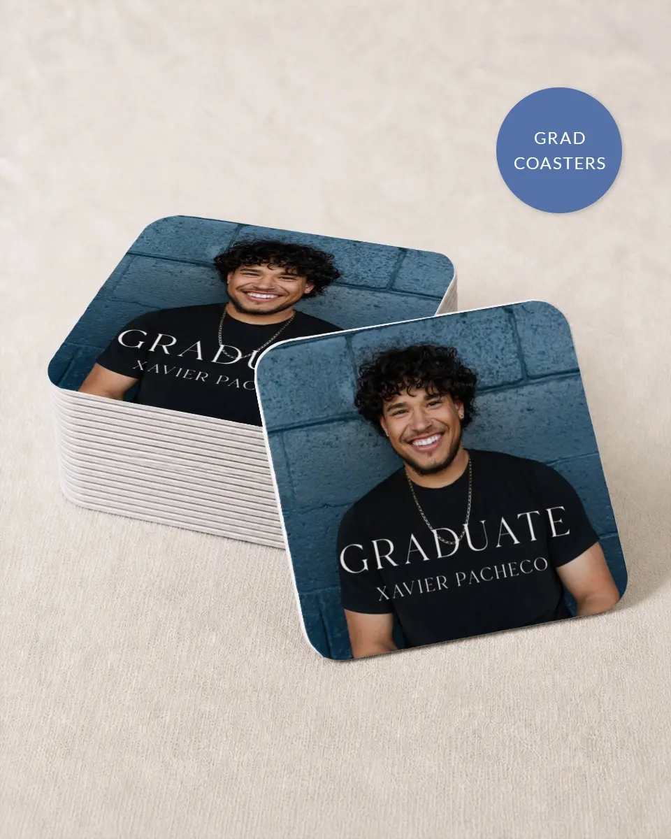 This is a 4" x 4" Wedding Coaster called Senior Spread printed in full color with Silver foil on Kraft Chipboard paper