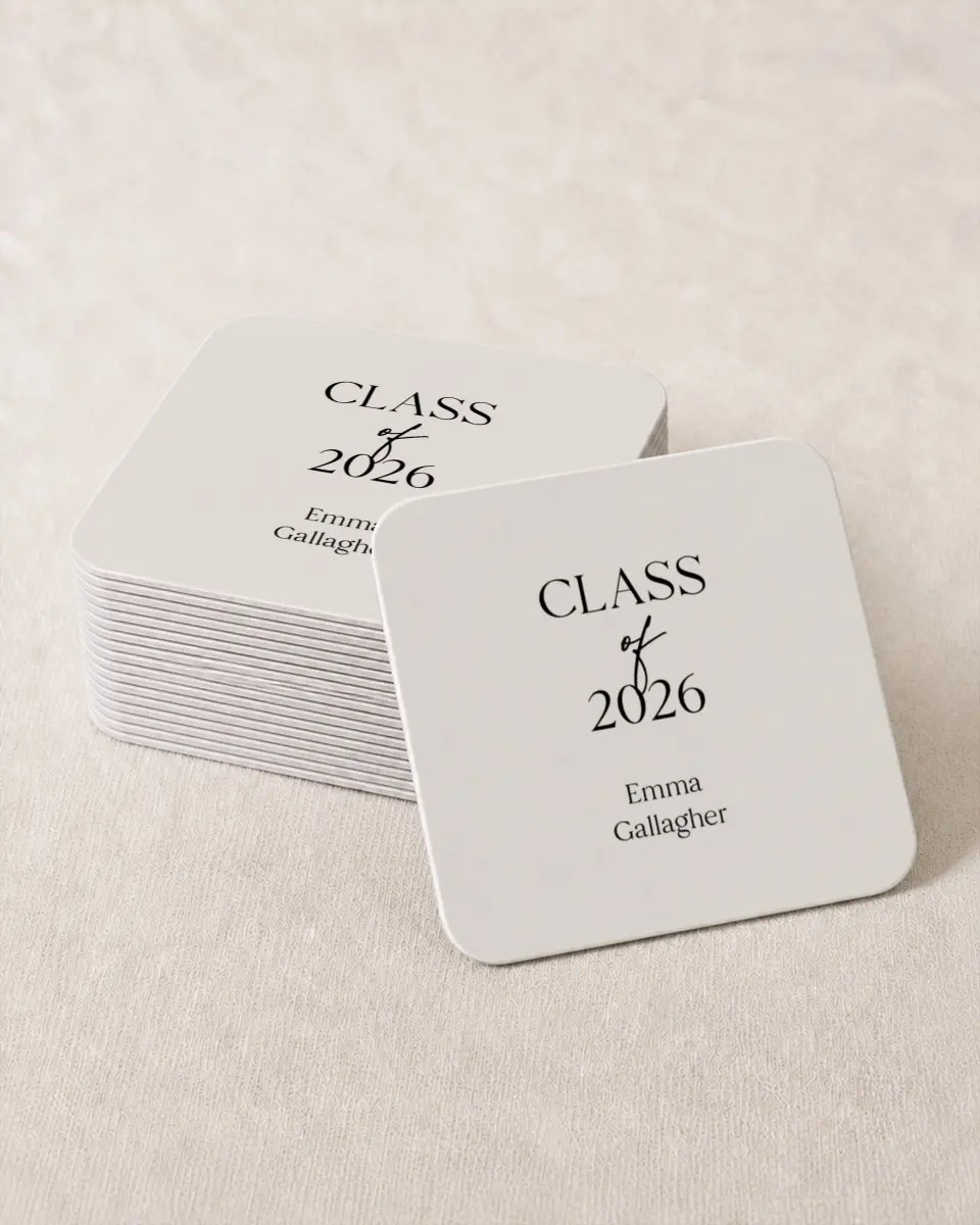 This is a 4" x 4" Wedding Coaster called Effortless Edge printed in full color on Kraft Chipboard paper