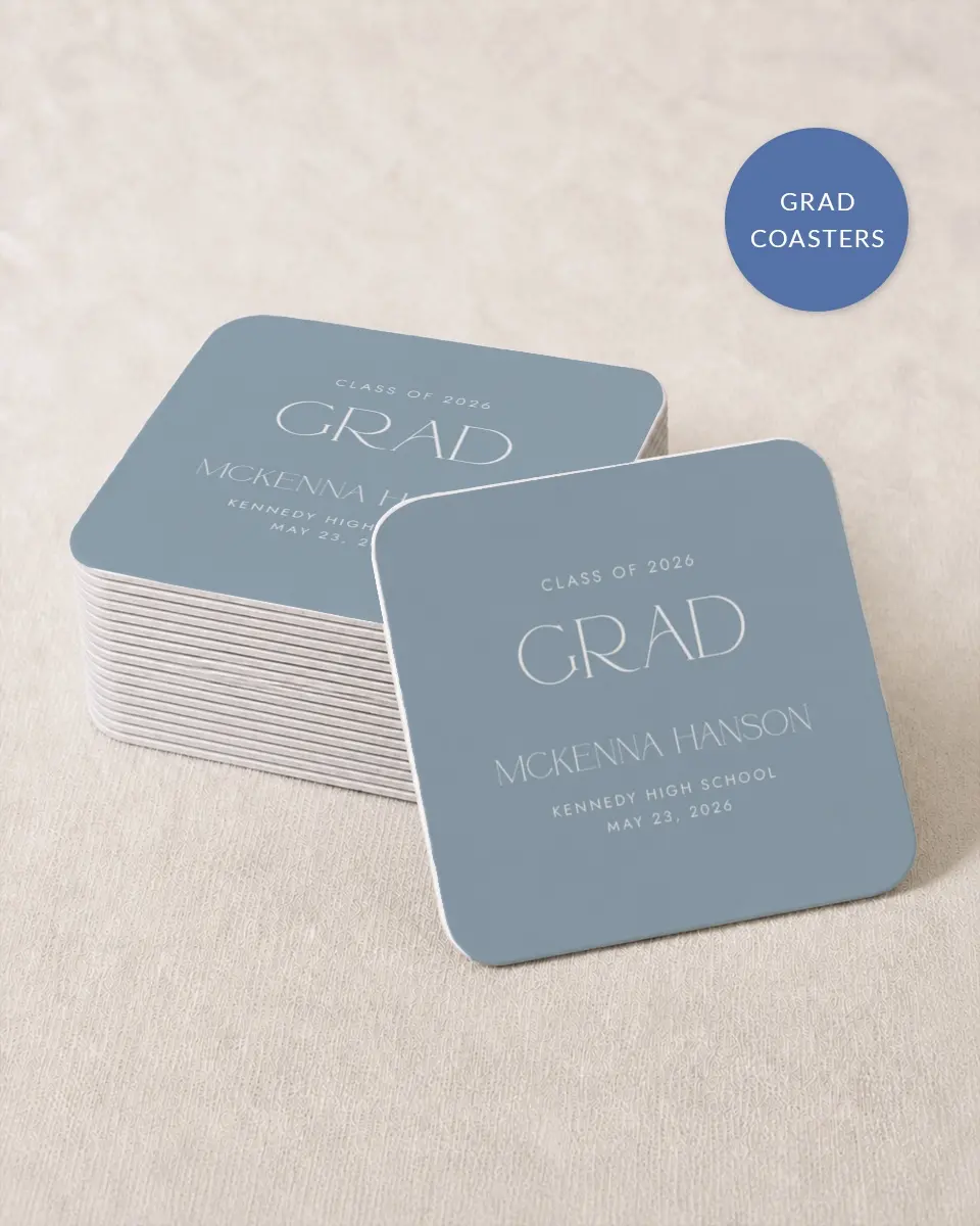 This is a 4" x 4" Wedding Coaster called Graceful Grad printed in full color with Gold foil on Kraft Chipboard paper