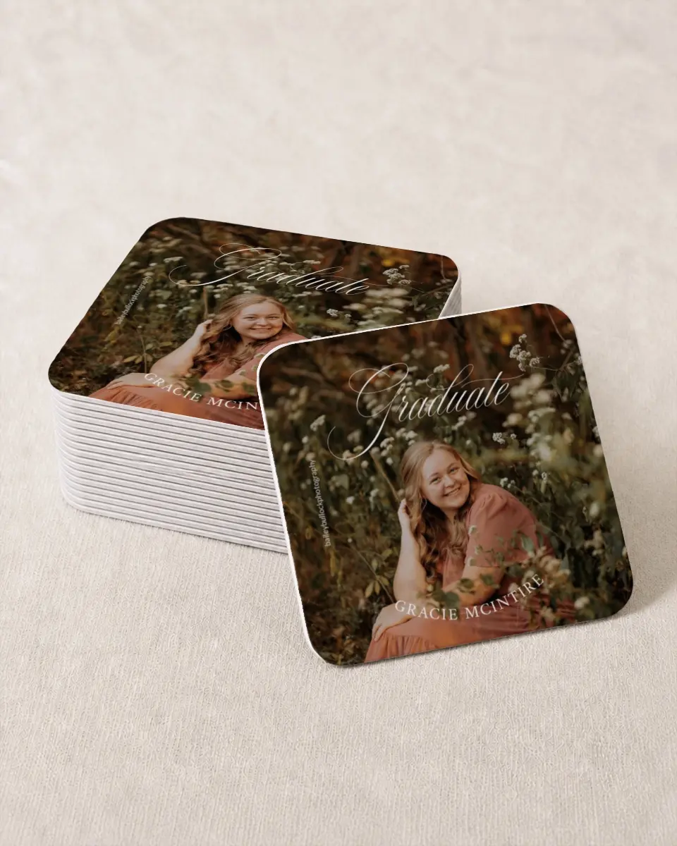 This is a 4" x 4" Wedding Coaster called Refined Celebration printed in full color on Kraft Chipboard paper