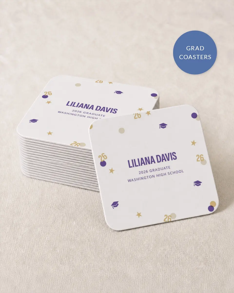 This is a 4" x 4" Wedding Coaster called Confetti Toss printed in full color with Silver foil on Kraft Chipboard paper