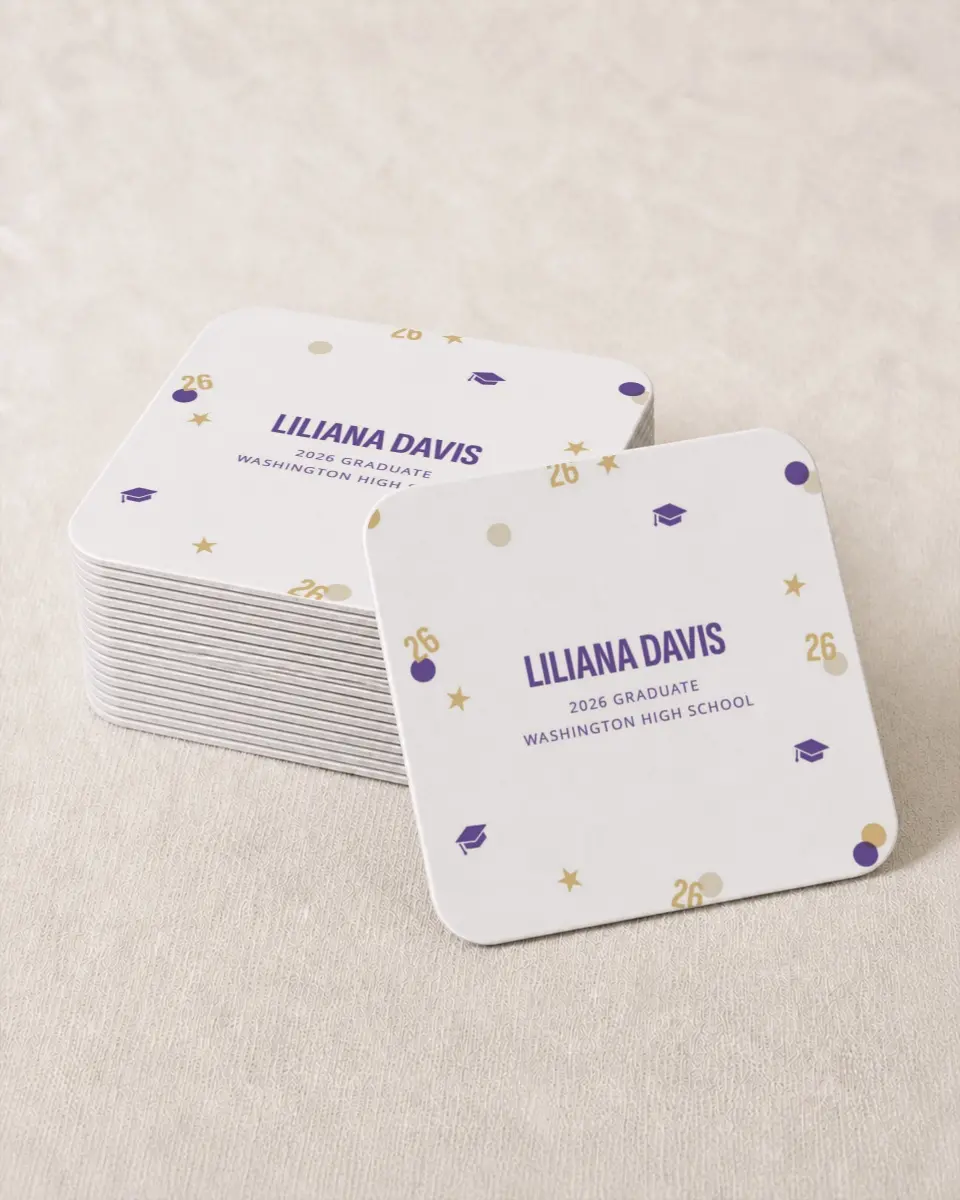 This is a 4" x 4" Wedding Coaster called Confetti Toss printed in full color on Kraft Chipboard paper