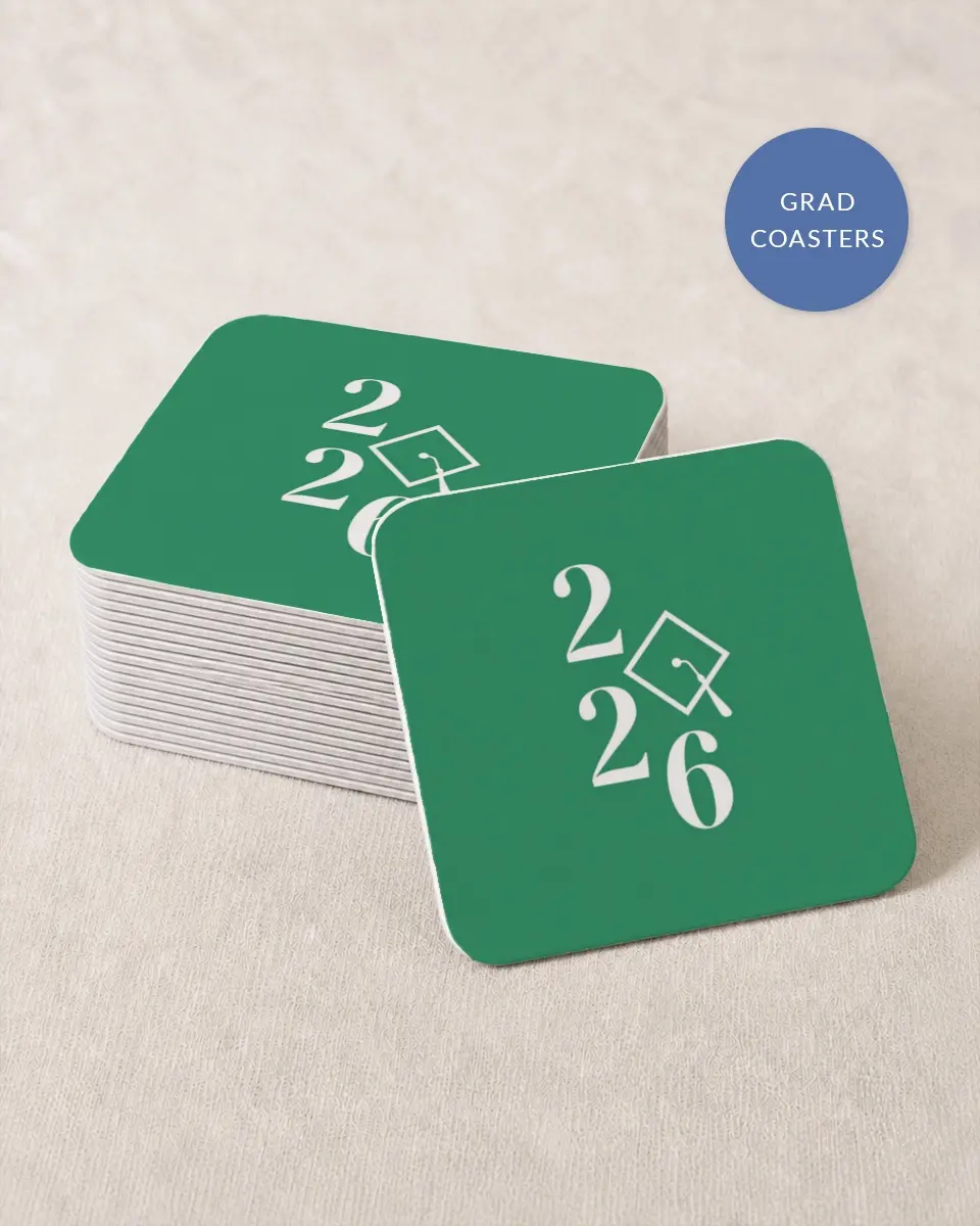 This is a 4" x 4" Wedding Coaster called Class Icon printed in full color with Silver foil on Kraft Chipboard paper