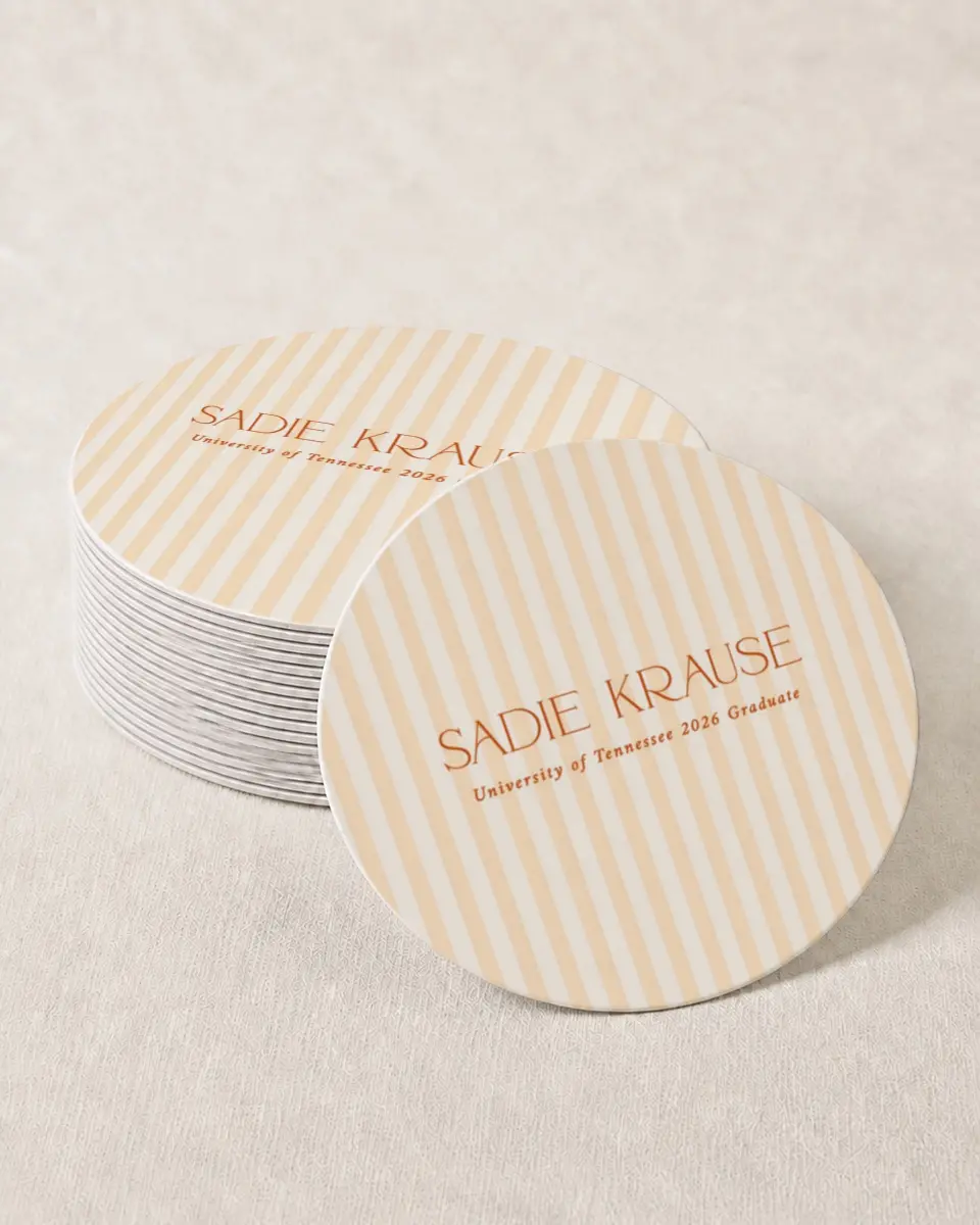 This is a 4" x 4" Wedding Coaster called Senior Stripes printed in full color on Kraft Chipboard paper