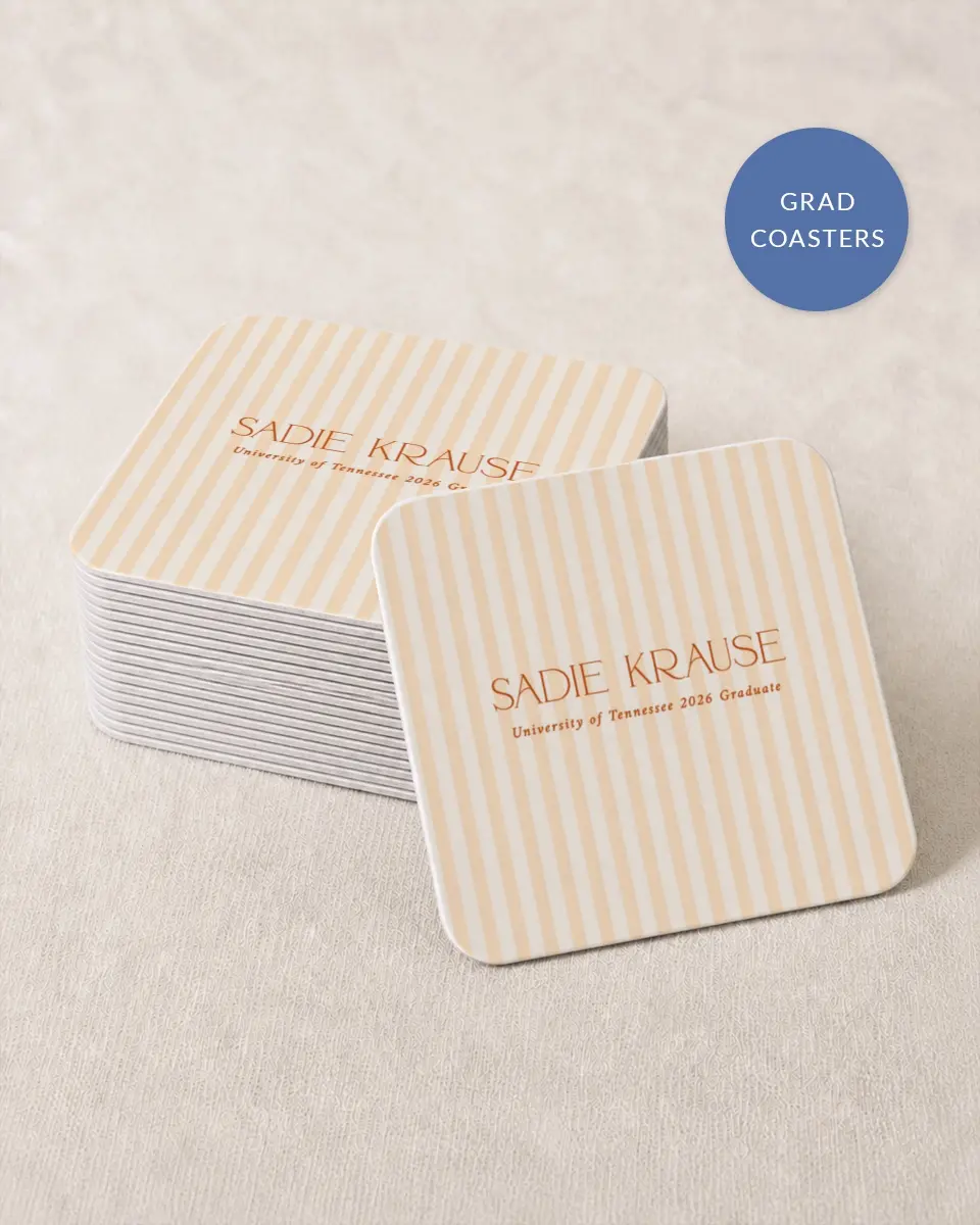 This is a 4" x 4" Wedding Coaster called Senior Stripes printed in full color with Rose Gold foil on Kraft Chipboard paper