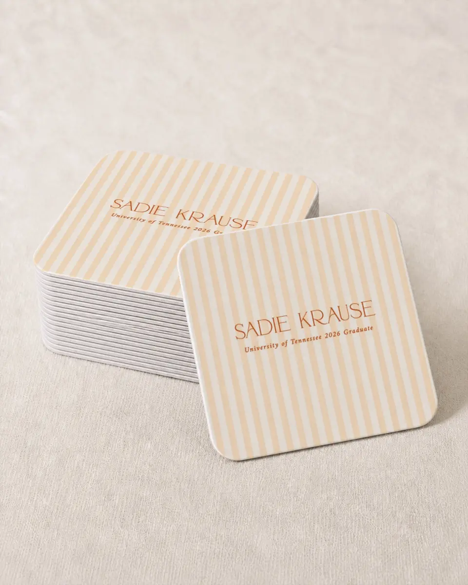 This is a 4" x 4" Wedding Coaster called Senior Stripes printed in full color on Kraft Chipboard paper