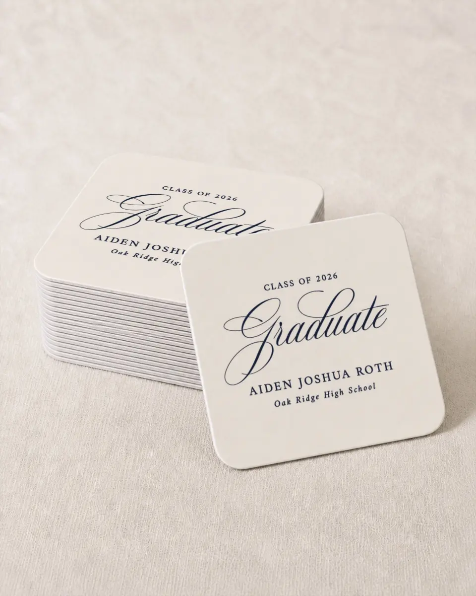 This is a 4" x 4" Wedding Coaster called Formal Frame printed in full color on Kraft Chipboard paper