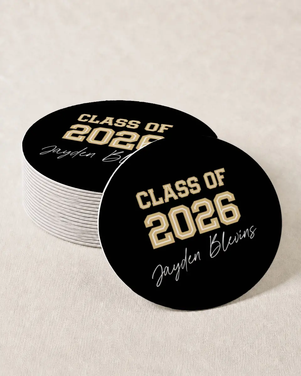 This is a 4" x 4" Wedding Coaster called Varsity Vibes printed in full color with Gold foil on Kraft Chipboard paper