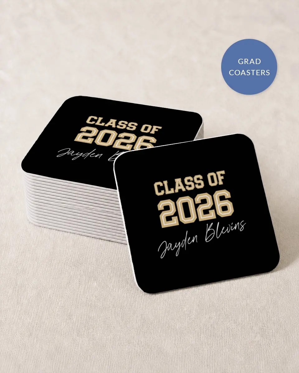 This is a 4" x 4" Wedding Coaster called Varsity Vibes printed in full color with Gold foil on Kraft Chipboard paper