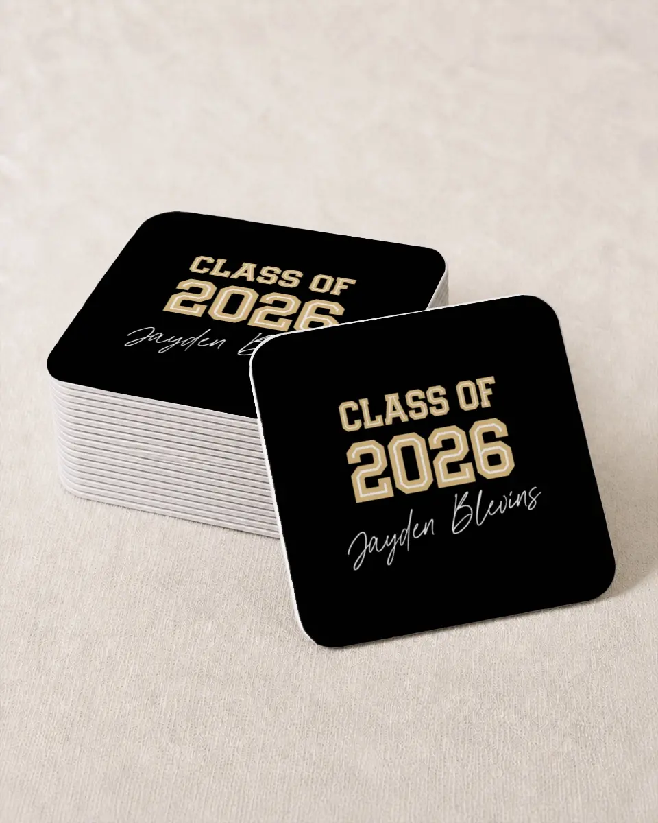 This is a 4" x 4" Wedding Coaster called Varsity Vibes printed in full color with Gold foil on Kraft Chipboard paper