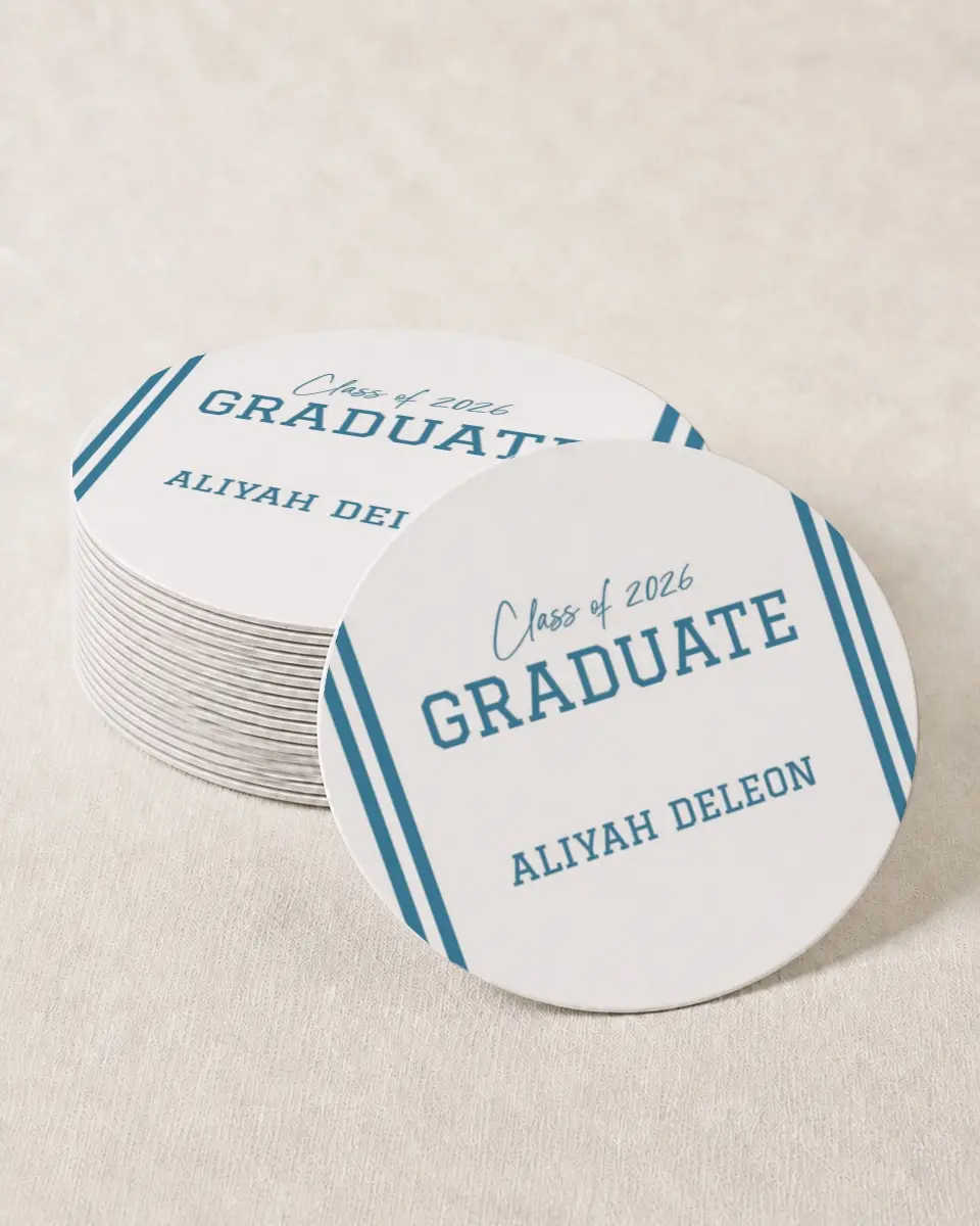 This is a 4" x 4" Wedding Coaster called Varsity Stripes printed in full color on Kraft Chipboard paper