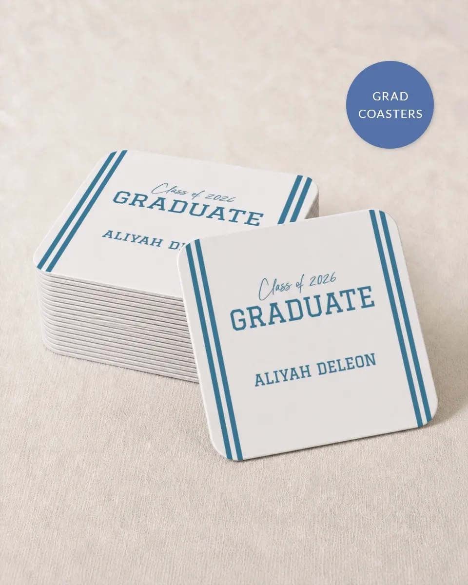 This is a 4" x 4" Wedding Coaster called Varsity Stripes printed in full color with Gold foil on Kraft Chipboard paper