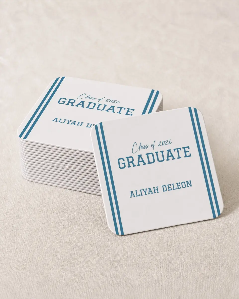 This is a 4" x 4" Wedding Coaster called Varsity Stripes printed in full color on Kraft Chipboard paper