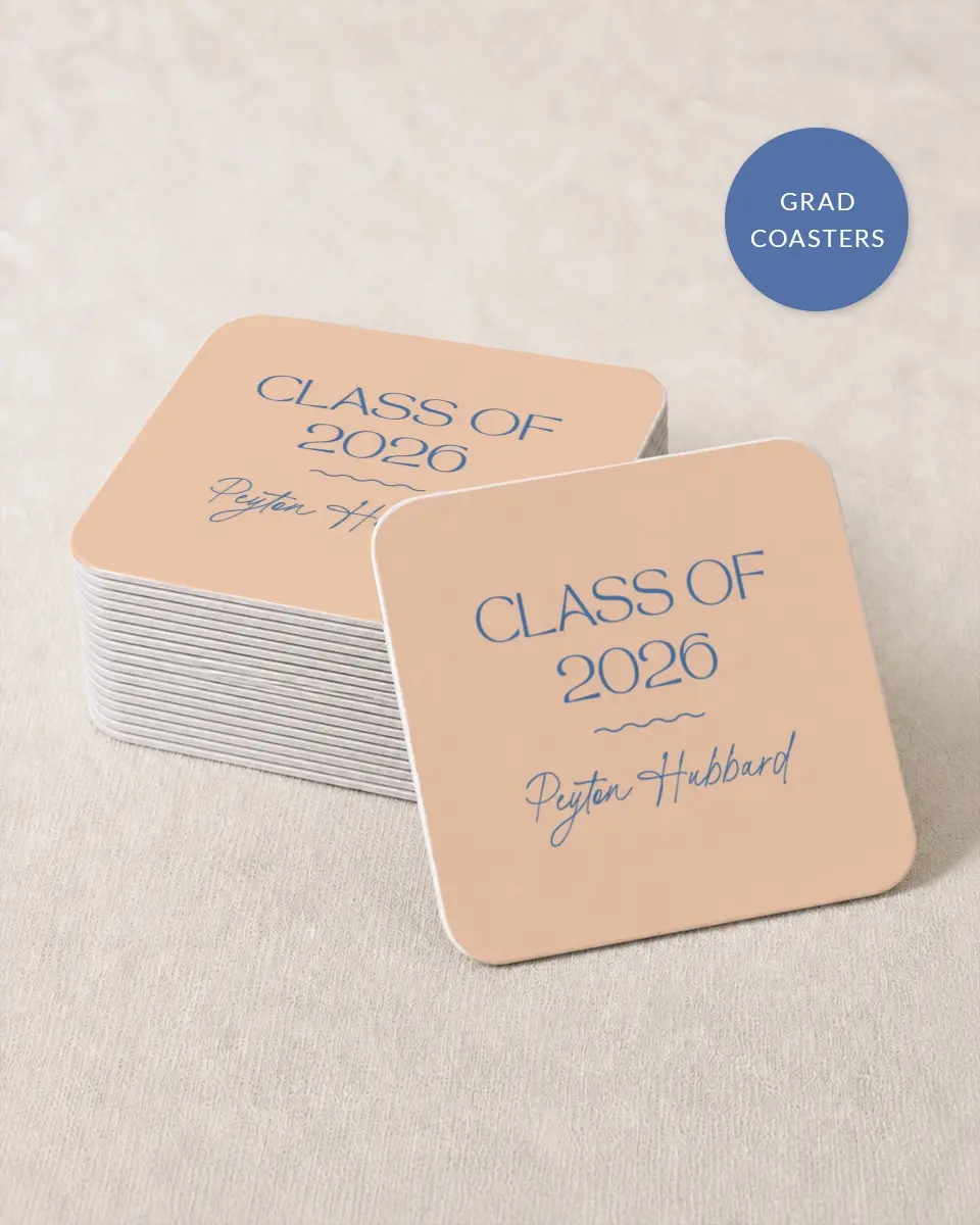 This is a 4" x 4" Wedding Coaster called Modern Montage printed in full color with Gold foil on Kraft Chipboard paper