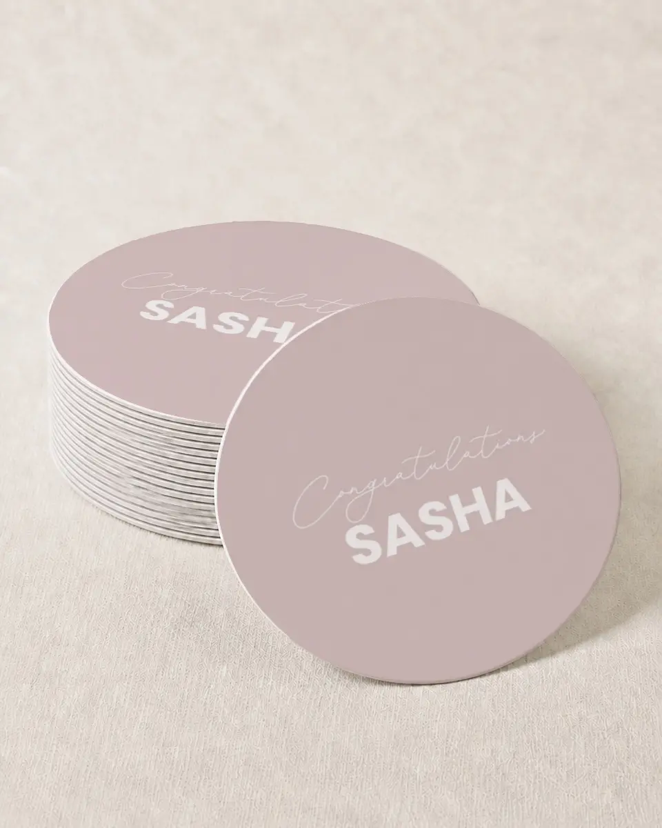 This is a 4" x 4" Wedding Coaster called Caps Off to You printed in full color on Kraft Chipboard paper