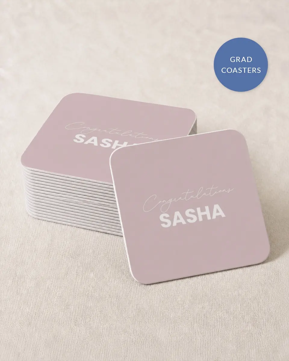 This is a 4" x 4" Wedding Coaster called Caps Off to You printed in full color with Rose Gold foil on Kraft Chipboard paper