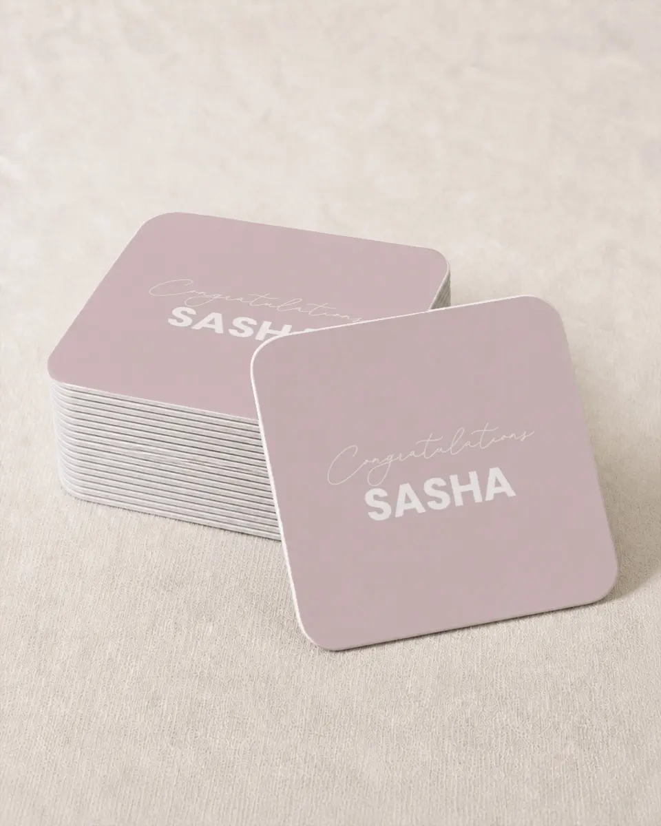 This is a 4" x 4" Wedding Coaster called Caps Off to You printed in full color on Kraft Chipboard paper