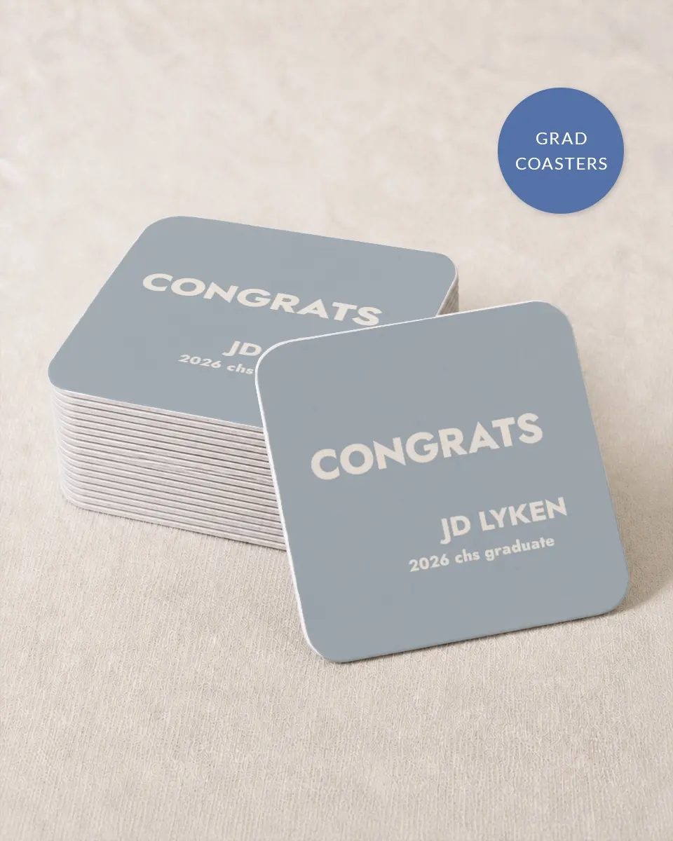 This is a 4" x 4" Wedding Coaster called Changing Chapters printed in full color with Gold foil on Kraft Chipboard paper
