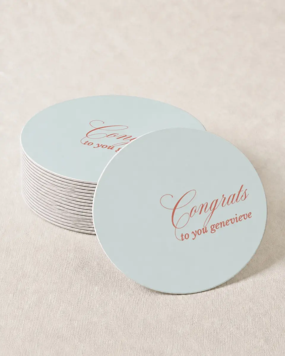 This is a 4" x 4" Wedding Coaster called Scripted Accolades printed in full color on Kraft Chipboard paper