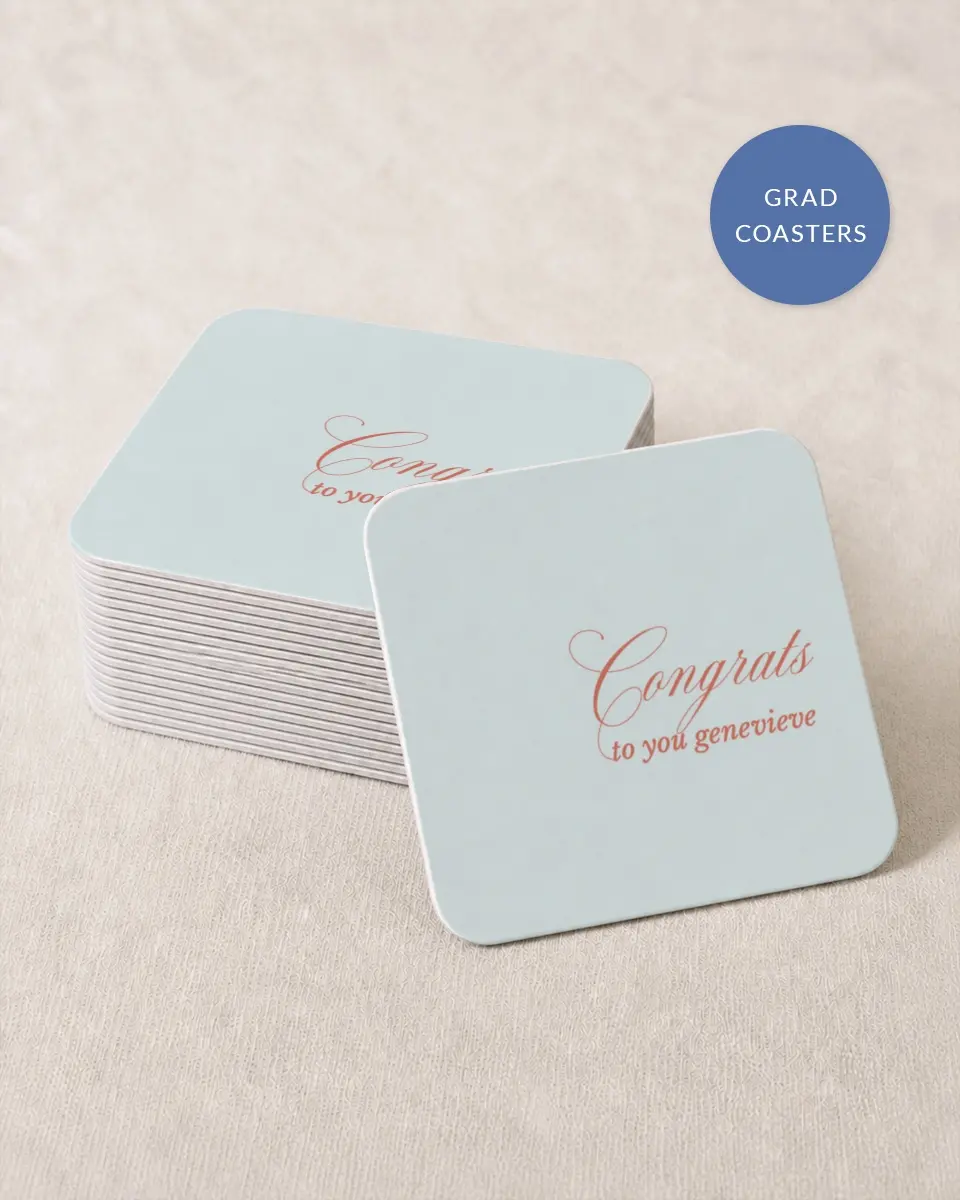 This is a 4" x 4" Wedding Coaster called Scripted Accolades printed in full color on Kraft Chipboard paper